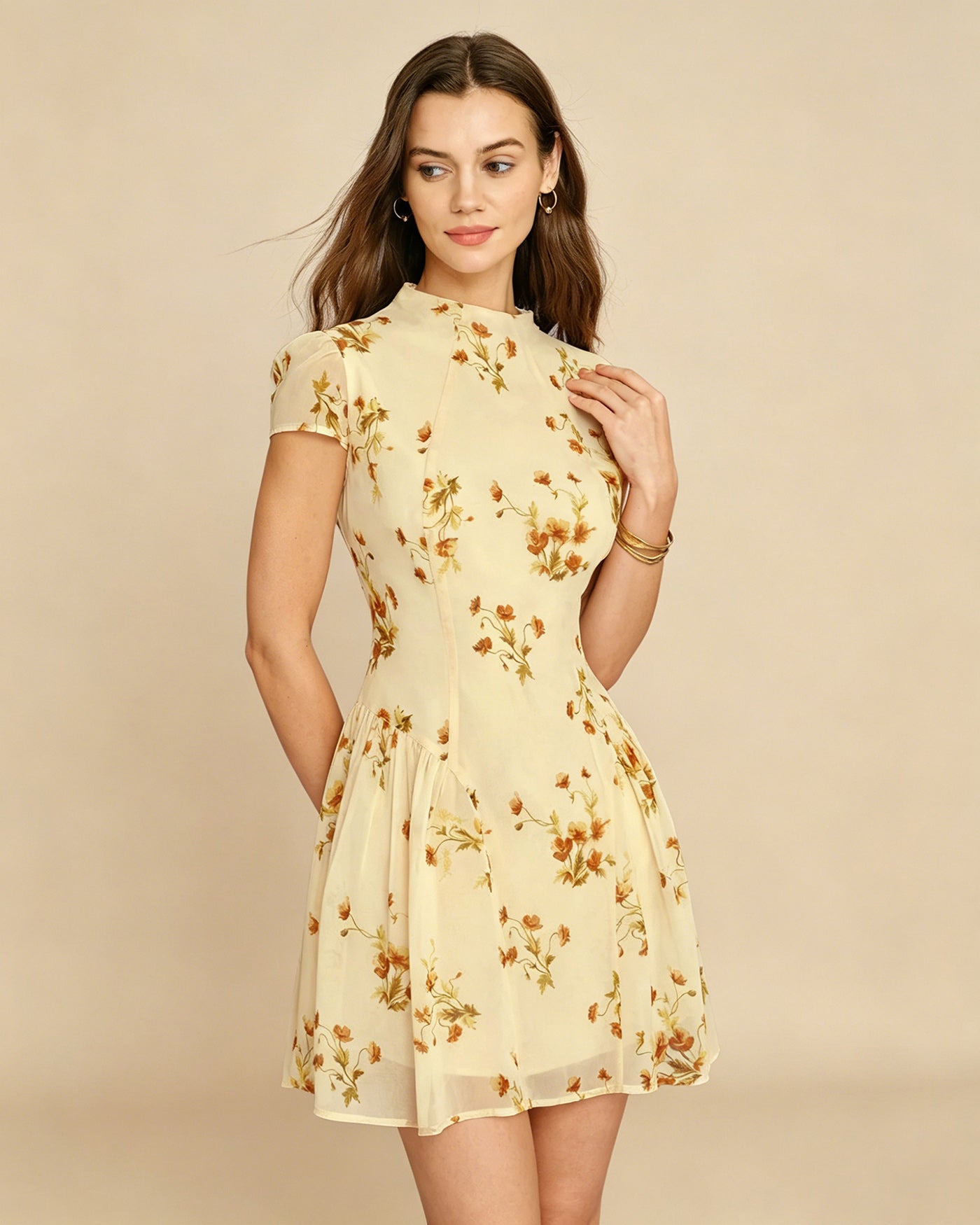 Floral Mini Dress in Soft Yellow with Turtle Print