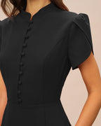 Black Mandarin Collar Mini Dress with Petal Sleeves