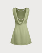 Emerald Boat Neck Satin Mini Dress with Pearl Accents