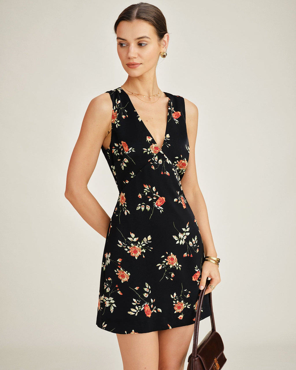 Floral A-Line Mini Dress in Black with V-Neck