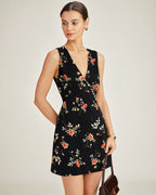 Floral A-Line Mini Dress in Black with V-Neck