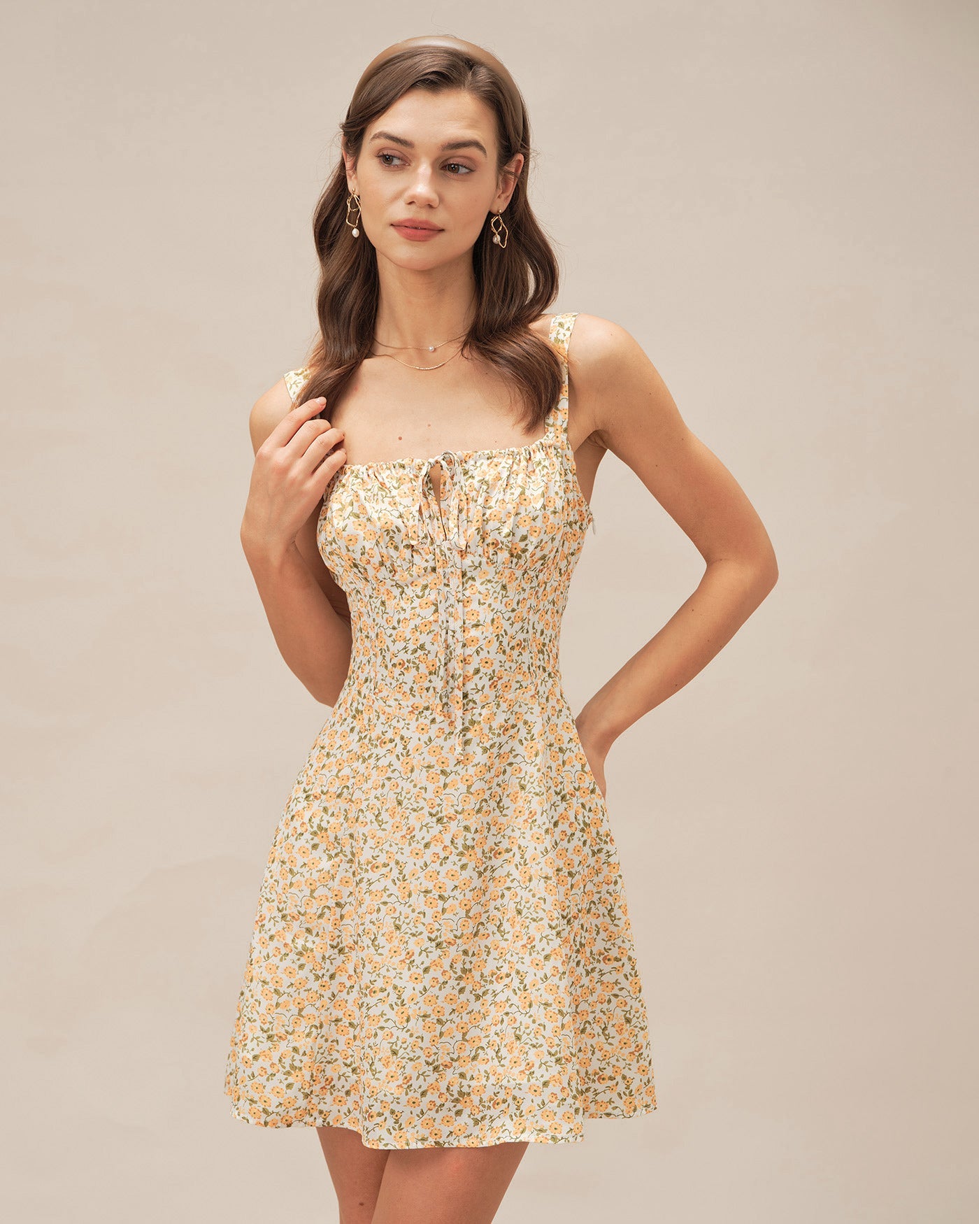 Mini Dress with Yellow Floral Print and Straps