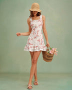 Floral Print Square Neck Mini Dress with Button Details