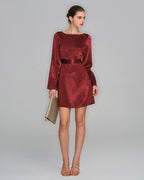 Wine Red Satin Mini Dress with Bell Sleeves
