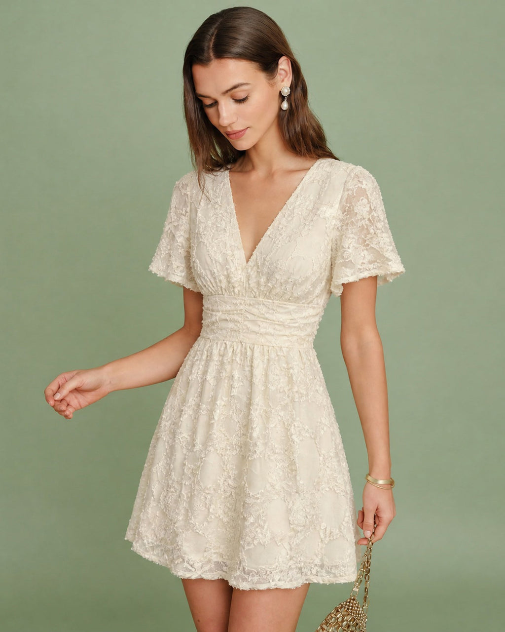 Textured Apricot V-Neck Mini Tunic Dress
