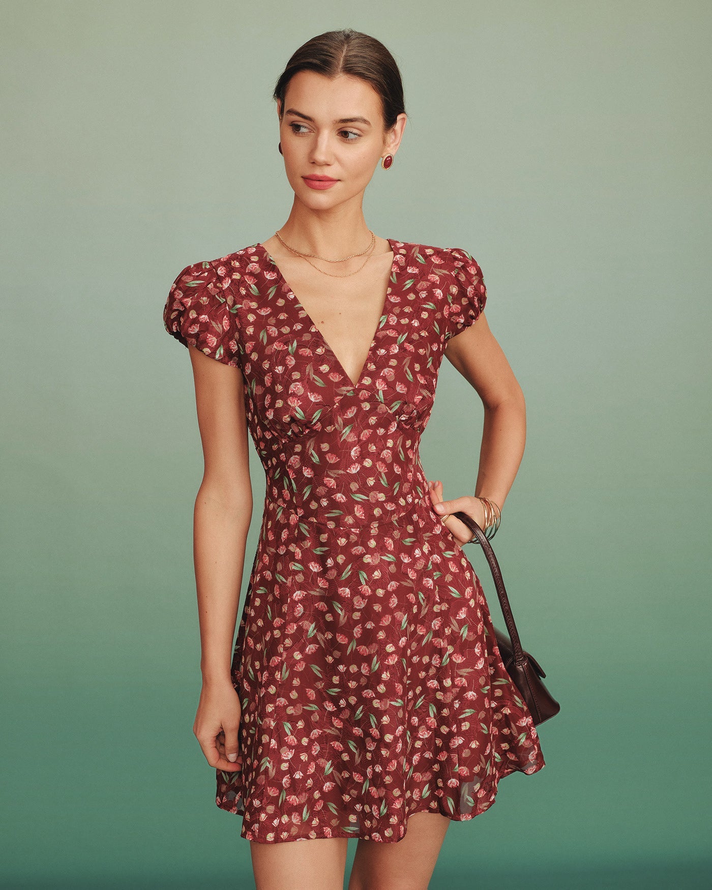 Red Jacquard V-Neck Mini Tunic Dress