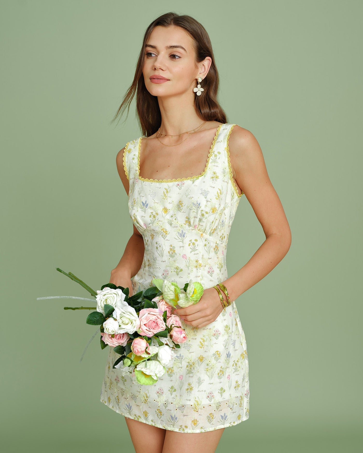 Textured Mini Dress with Apricot Floral Design