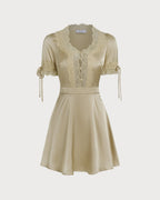 Apricot Lace Satin Mini Dress with V-Neck