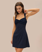 Plaid Mini Dress with Blue Sweetheart Neckline