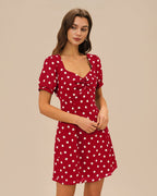 Polka Dot Mini Dress with Red Puffed Sleeves