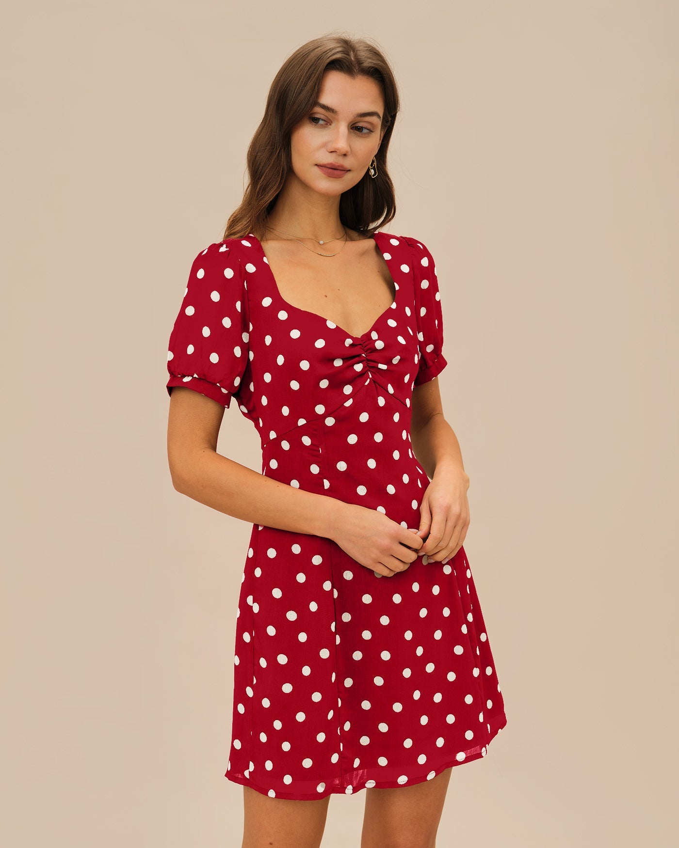 Polka Dot Mini Dress with Red Puffed Sleeves