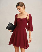 Red Chiffon Mini Dress with Ruched Slip Design