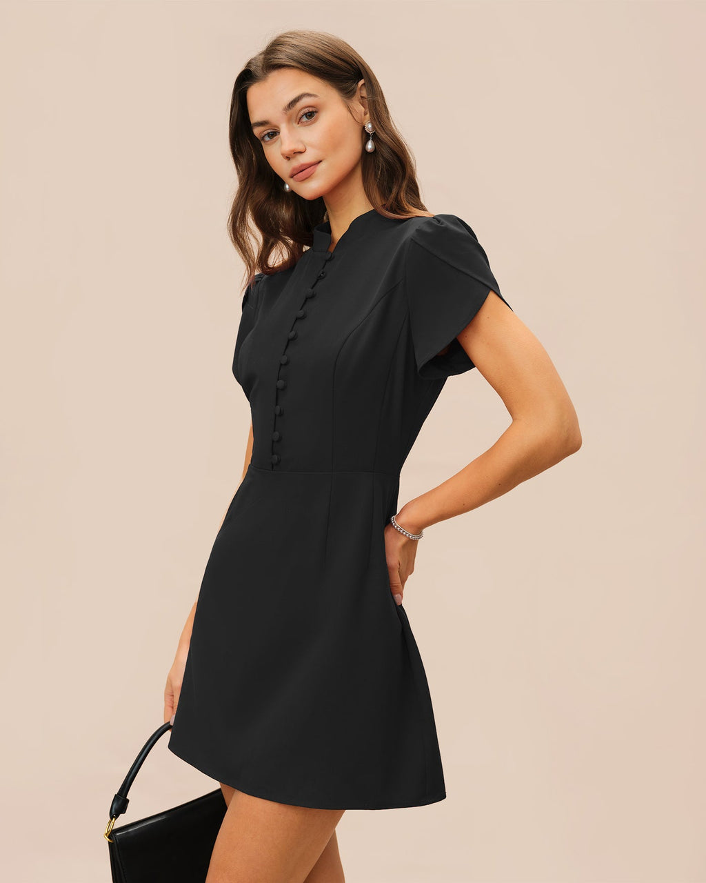 Black Mandarin Collar Mini Dress with Petal Sleeves