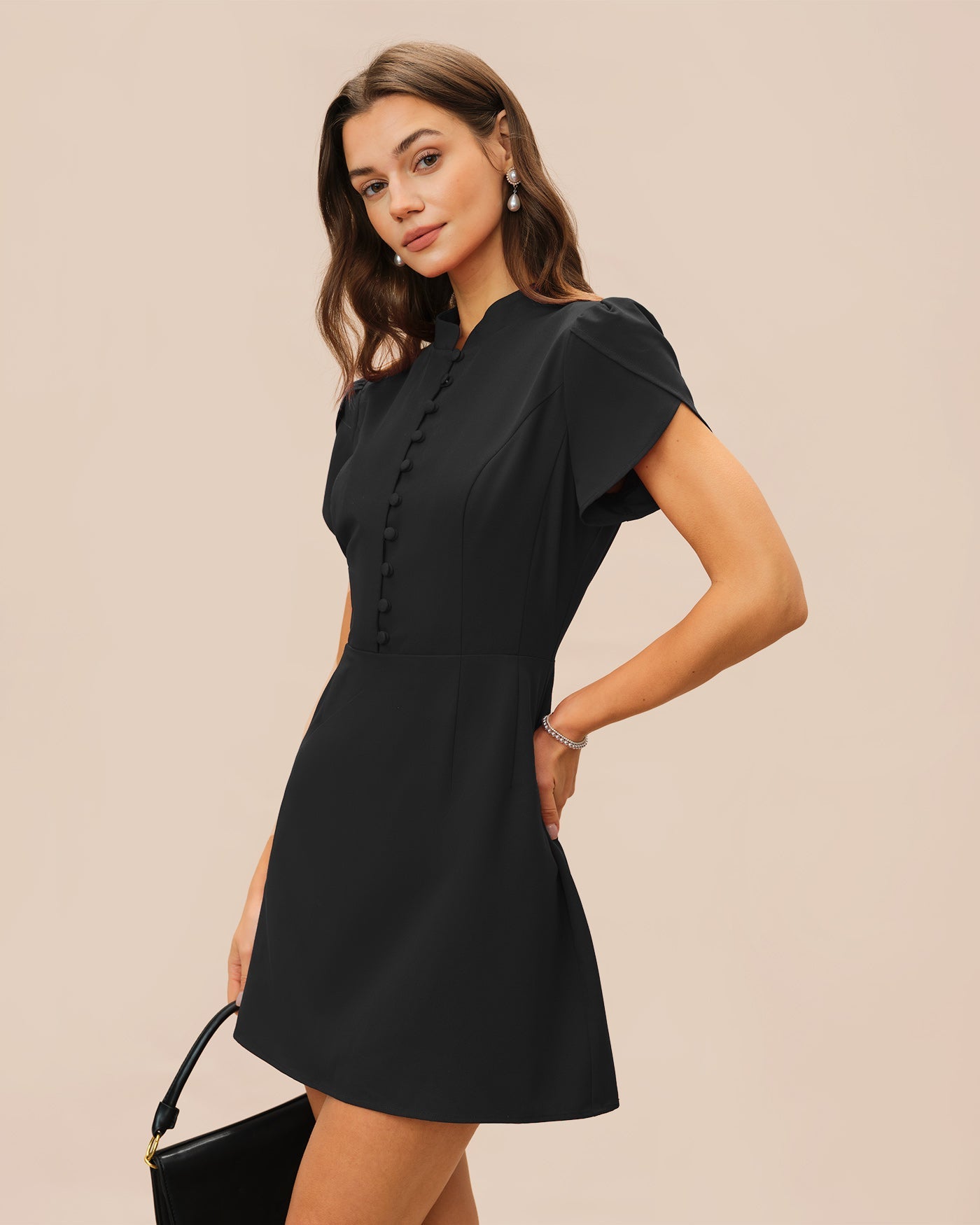 Black Mandarin Collar Mini Dress with Petal Sleeves