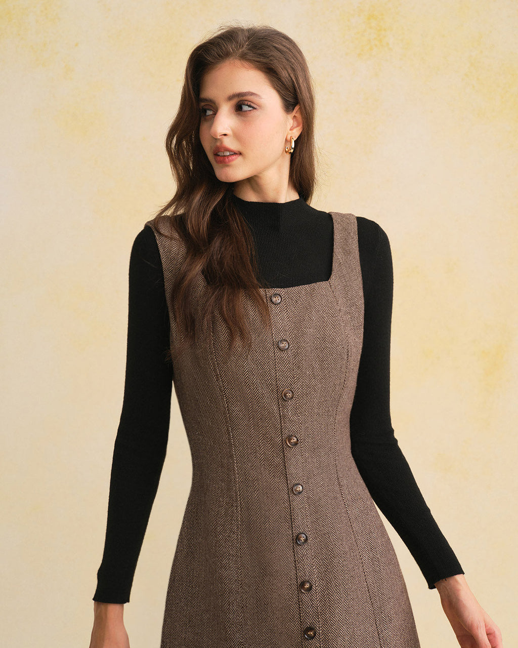 Brown Sleeveless Mini Dress with Square Neckline
