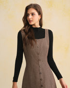 Brown Sleeveless Mini Dress with Square Neckline