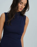 Navy Ruched Mini Dress with Mock Neck