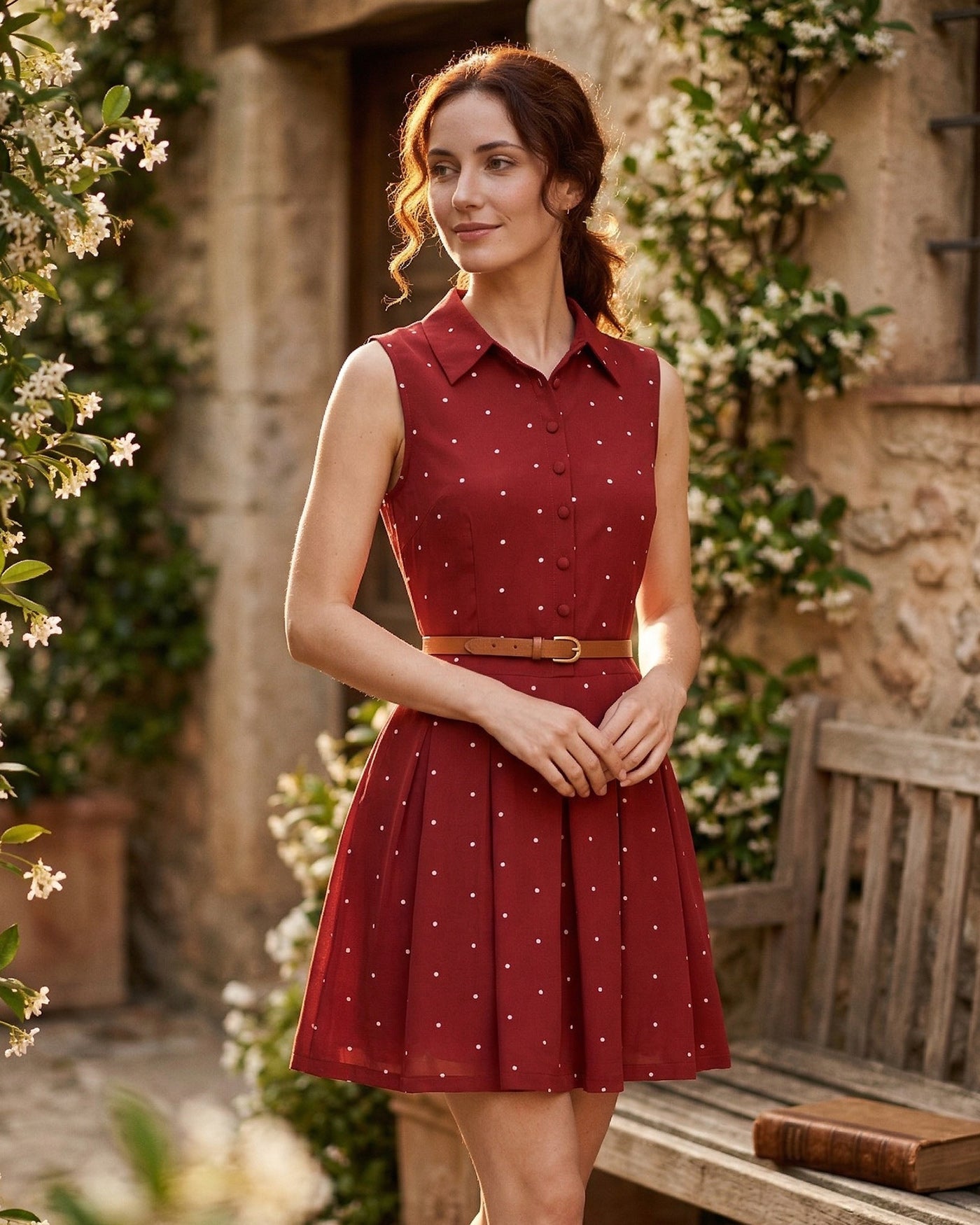 Polka Dot Mini Dress with Red Collar