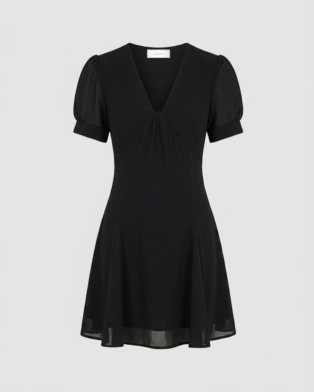 Black Mini Dress with V-Neck and Puffed Sleeves