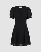 Black Mini Dress with V-Neck and Puffed Sleeves