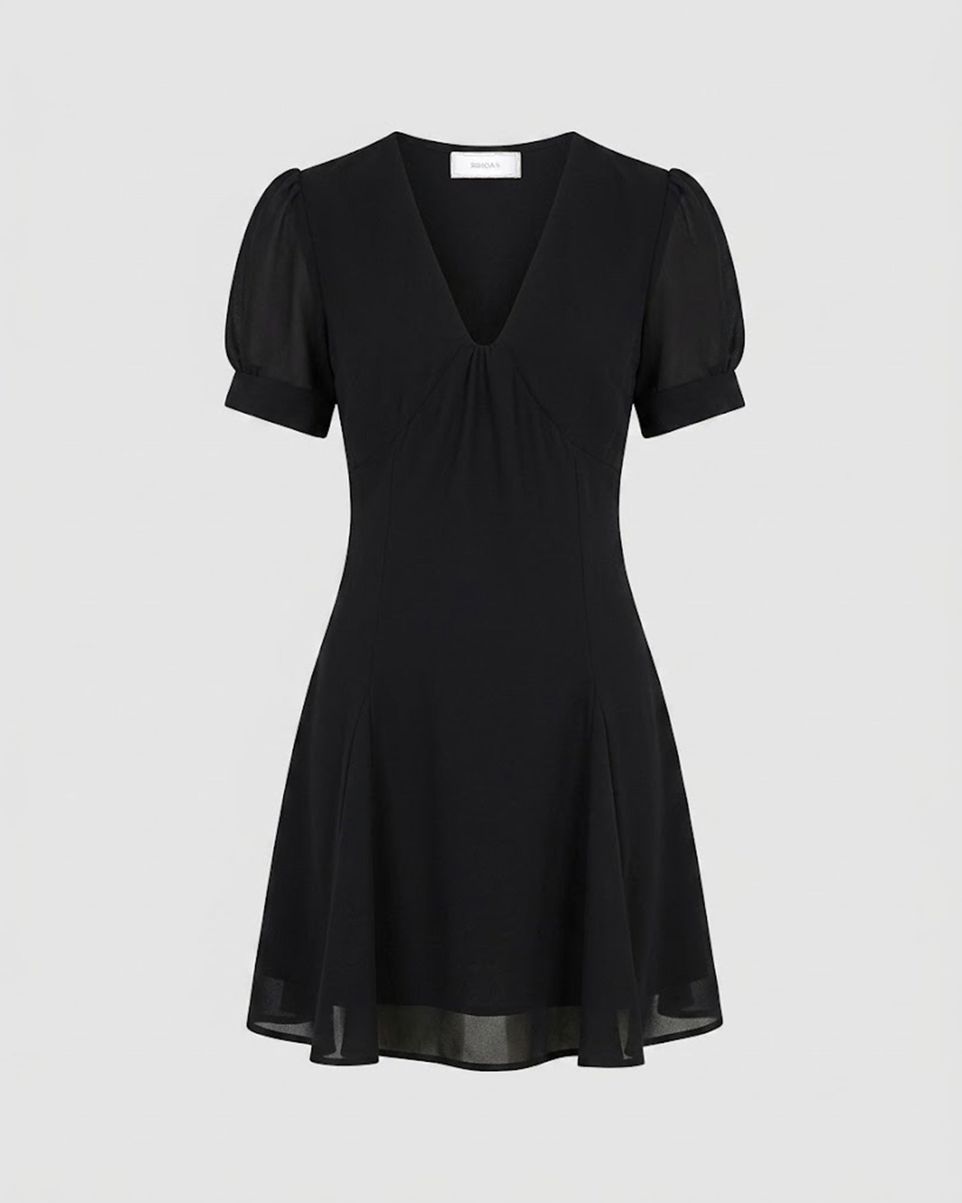 Black Mini Dress with V-Neck and Puffed Sleeves