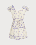 Floral Mini Dress with Square Neck and Tie Detail in Apricot