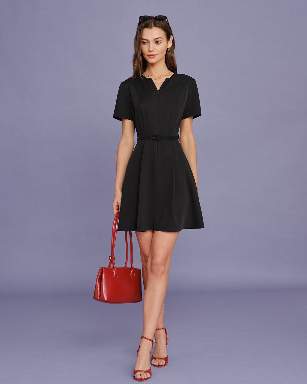 Ruched Mini Dress with Black Belt