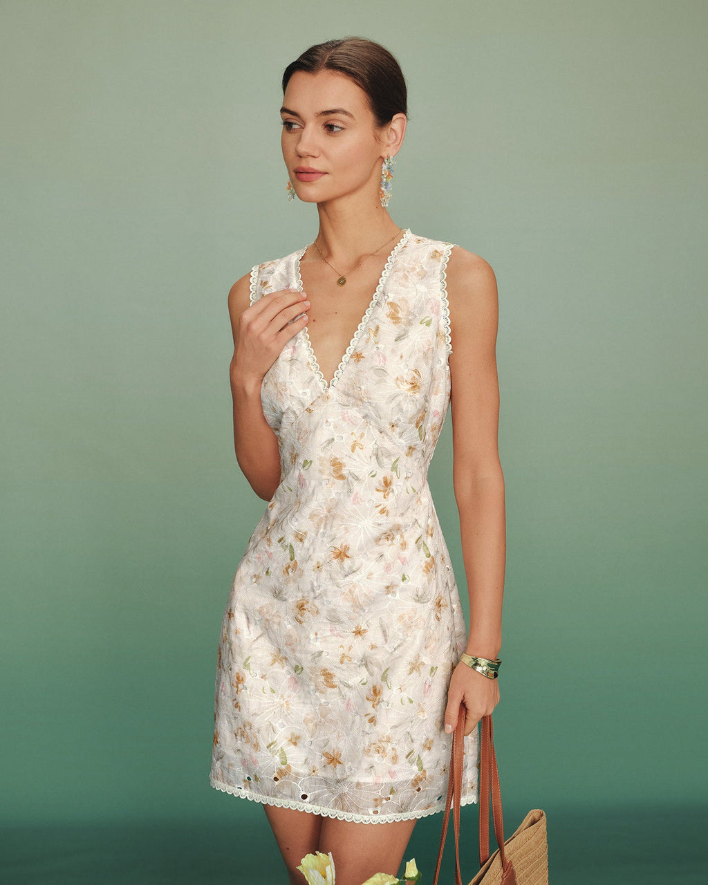 Floral Spliced Mini Dress in Apricot with V-Neck