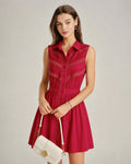 Mini Dress with Lace Button Details and Red Collar