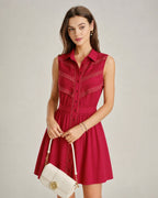 Mini Dress with Lace Button Details and Red Collar