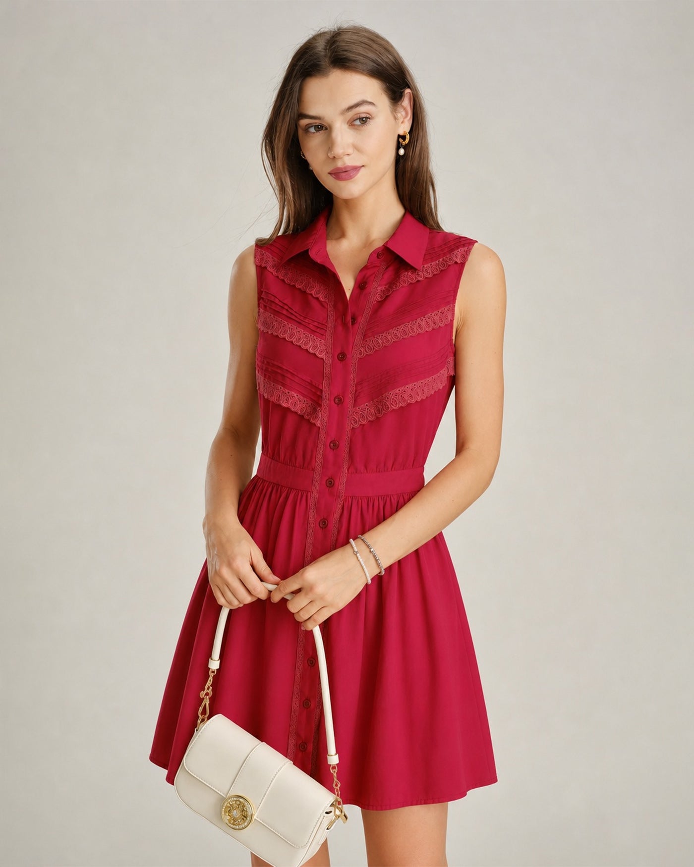 Mini Dress with Lace Button Details and Red Collar