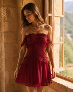 Strapless Mini Dress in Red Chiffon with Ruffle Details