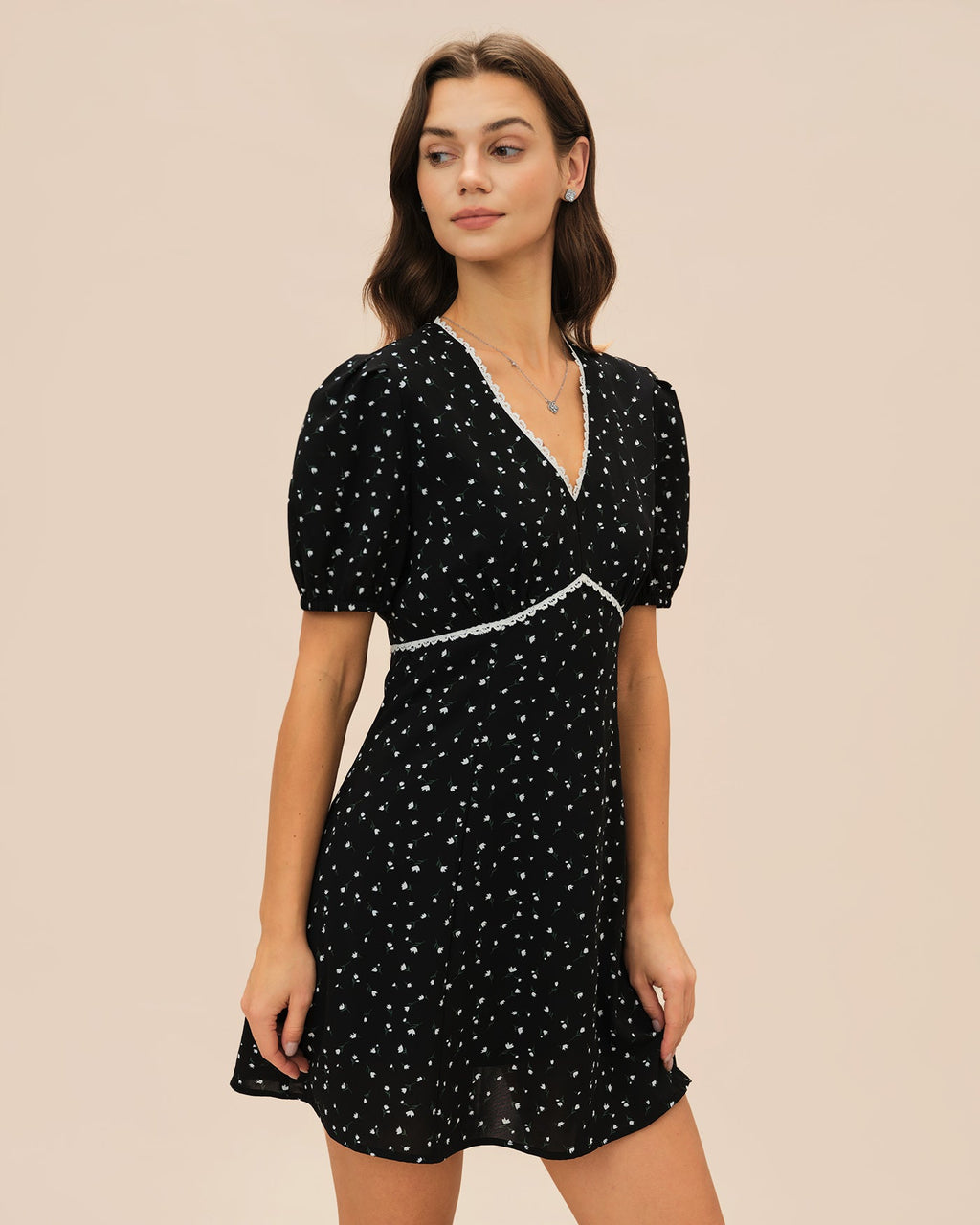 Floral Lace Mini Dress with V-Neck in Black