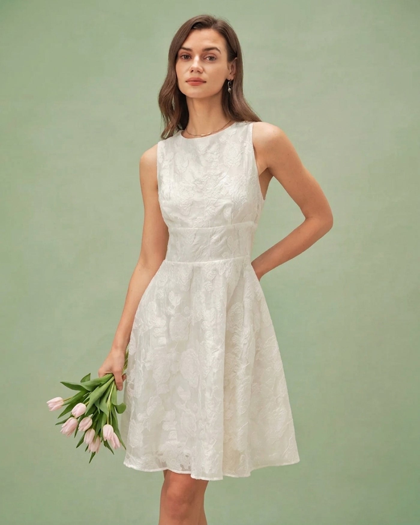 White Jacquard Mini Dress with Round Neck