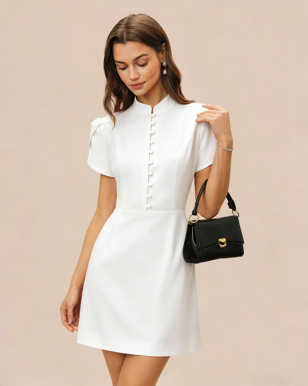 White Mandarin Collar Button-Up Mini Dress