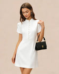White Mandarin Collar Button-Up Mini Dress
