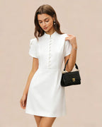White Mandarin Collar Button-Up Mini Dress