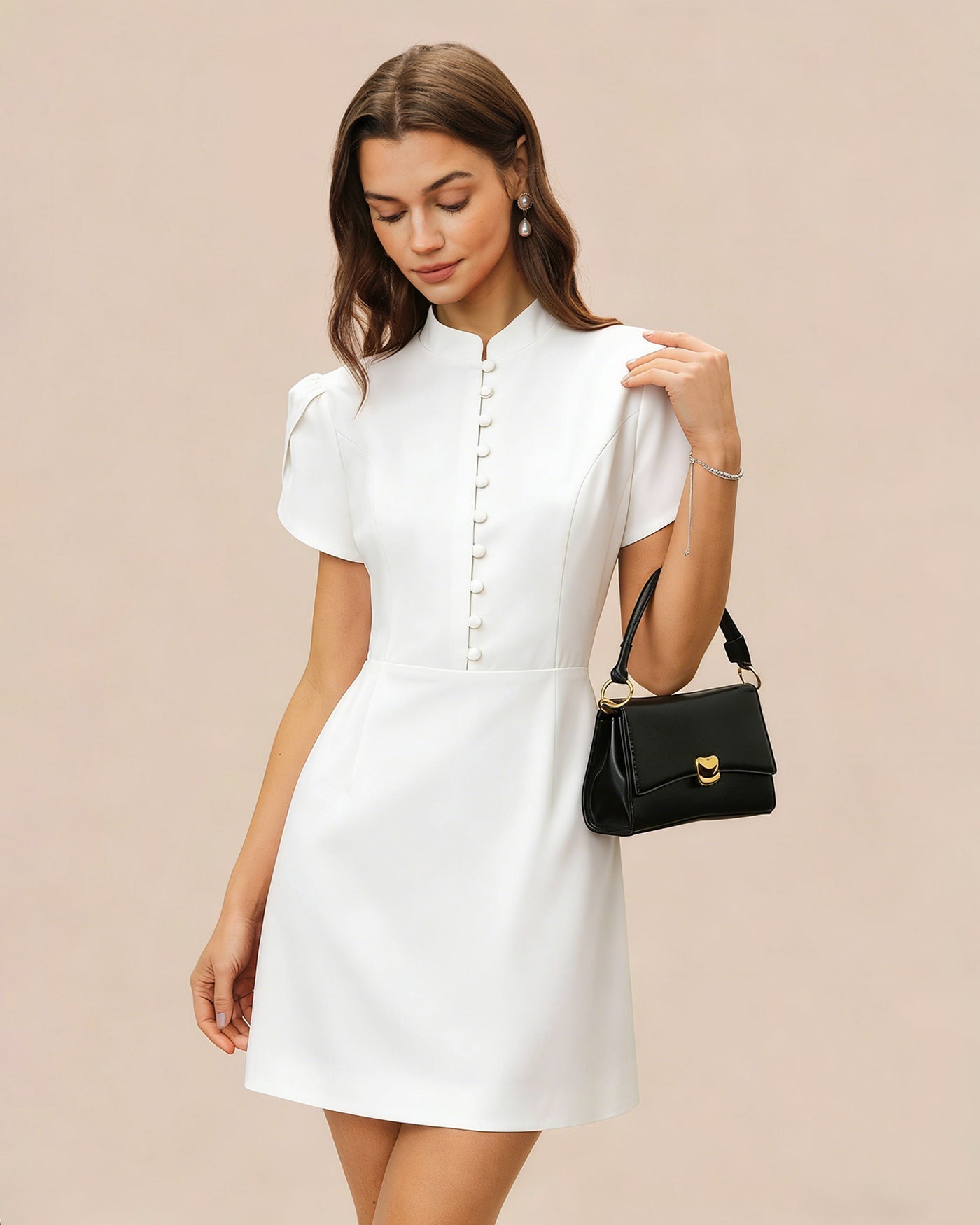 White Mandarin Collar Button-Up Mini Dress