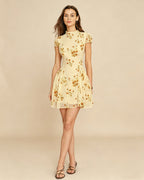 Floral Mini Dress in Soft Yellow with Turtle Print