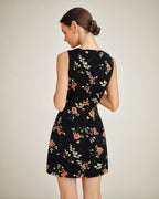 Floral A-Line Mini Dress in Black with V-Neck