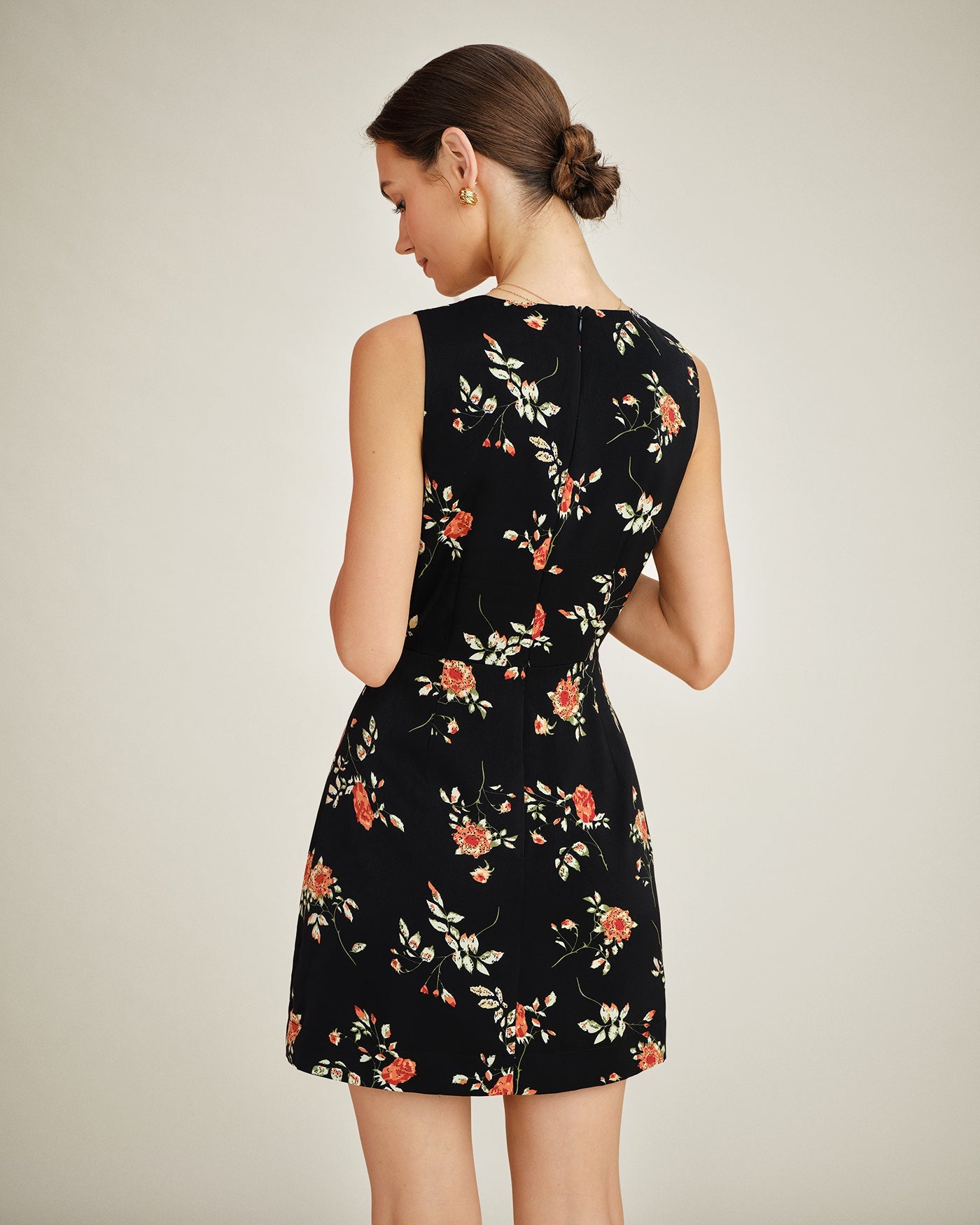 Floral A-Line Mini Dress in Black with V-Neck