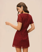 Floral Mini Dress with Red Boat Neck