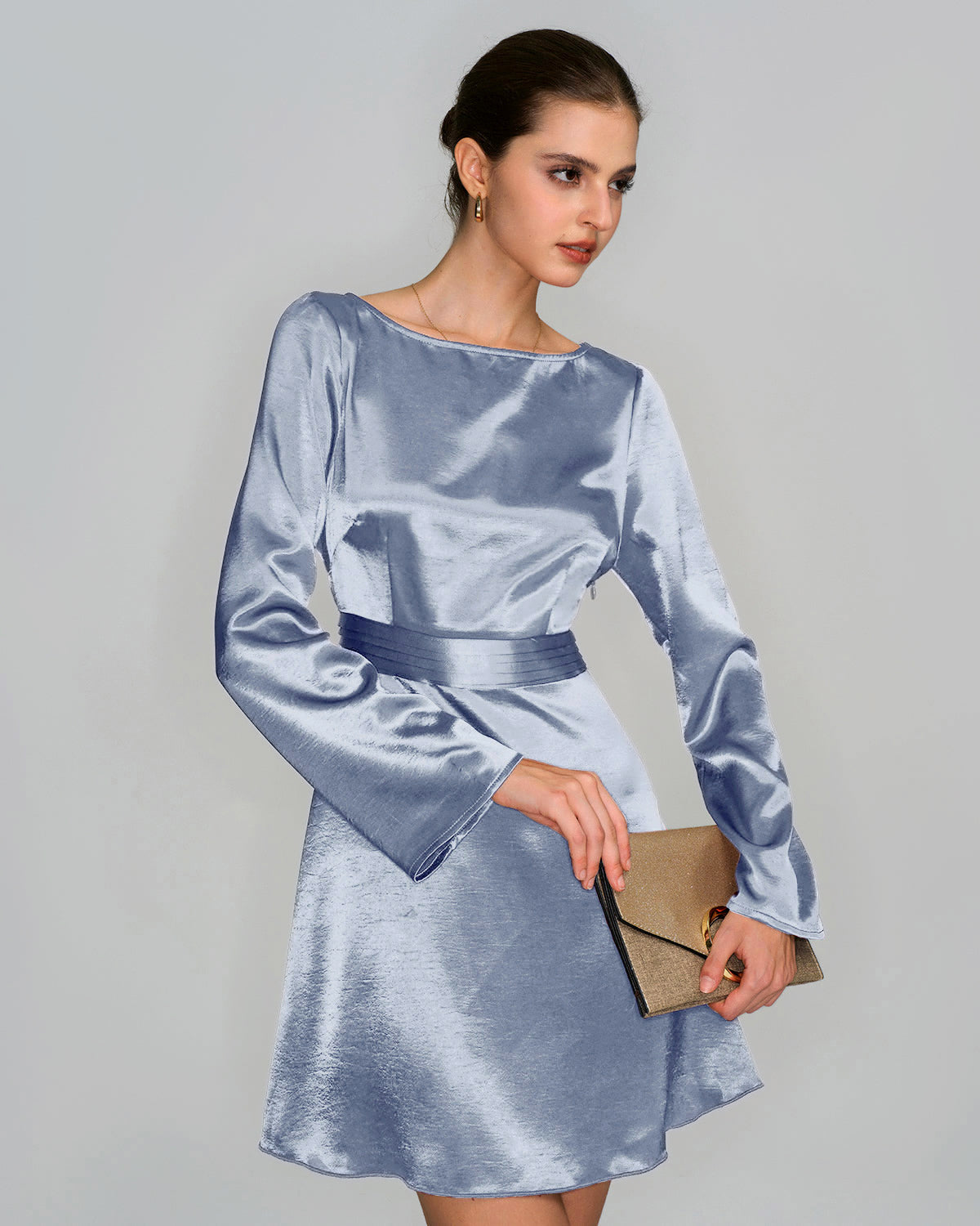 Blue Satin Mini Dress with Boat Neck