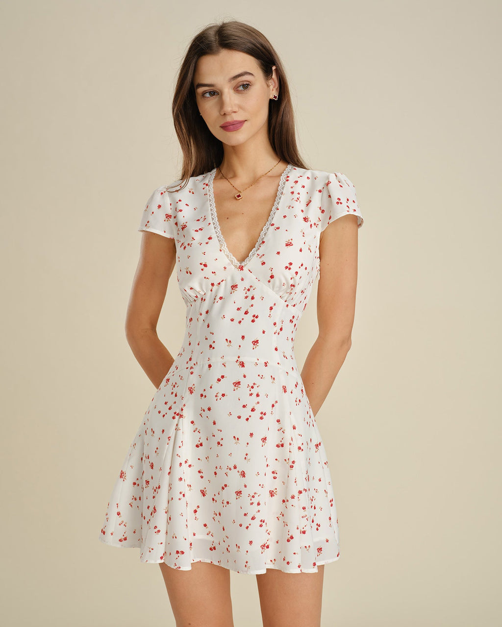 Off-White Floral Lace V-Neck Mini Dress