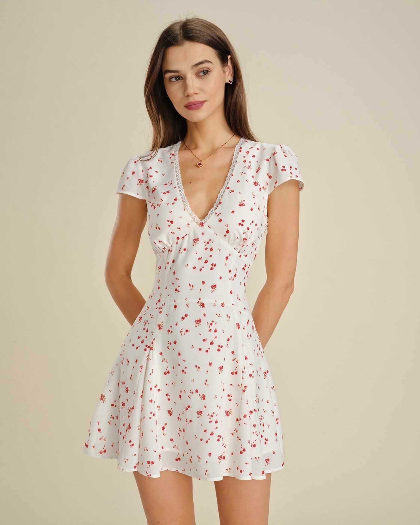 Off-White Floral Lace V-Neck Mini Dress