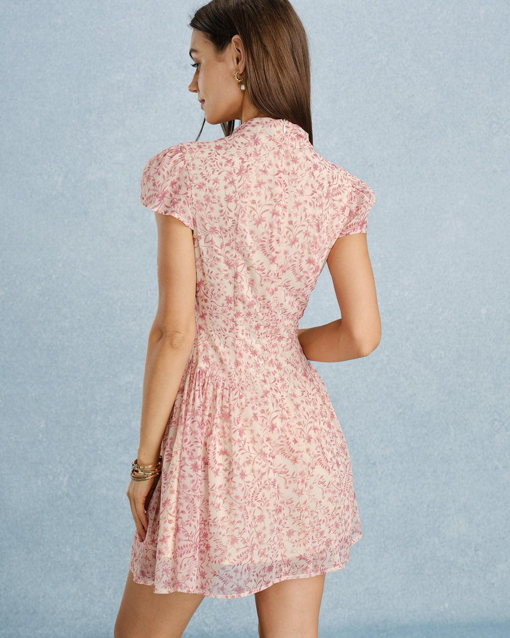 Floral Chiffon Mini Dress with Pink Mock Neck