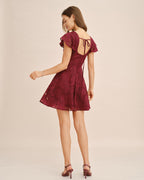 Wine Red Jacquard Mini Dress with Square Neckline