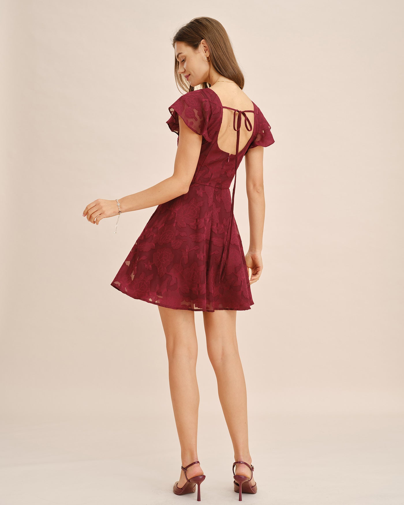 Wine Red Jacquard Mini Dress with Square Neckline