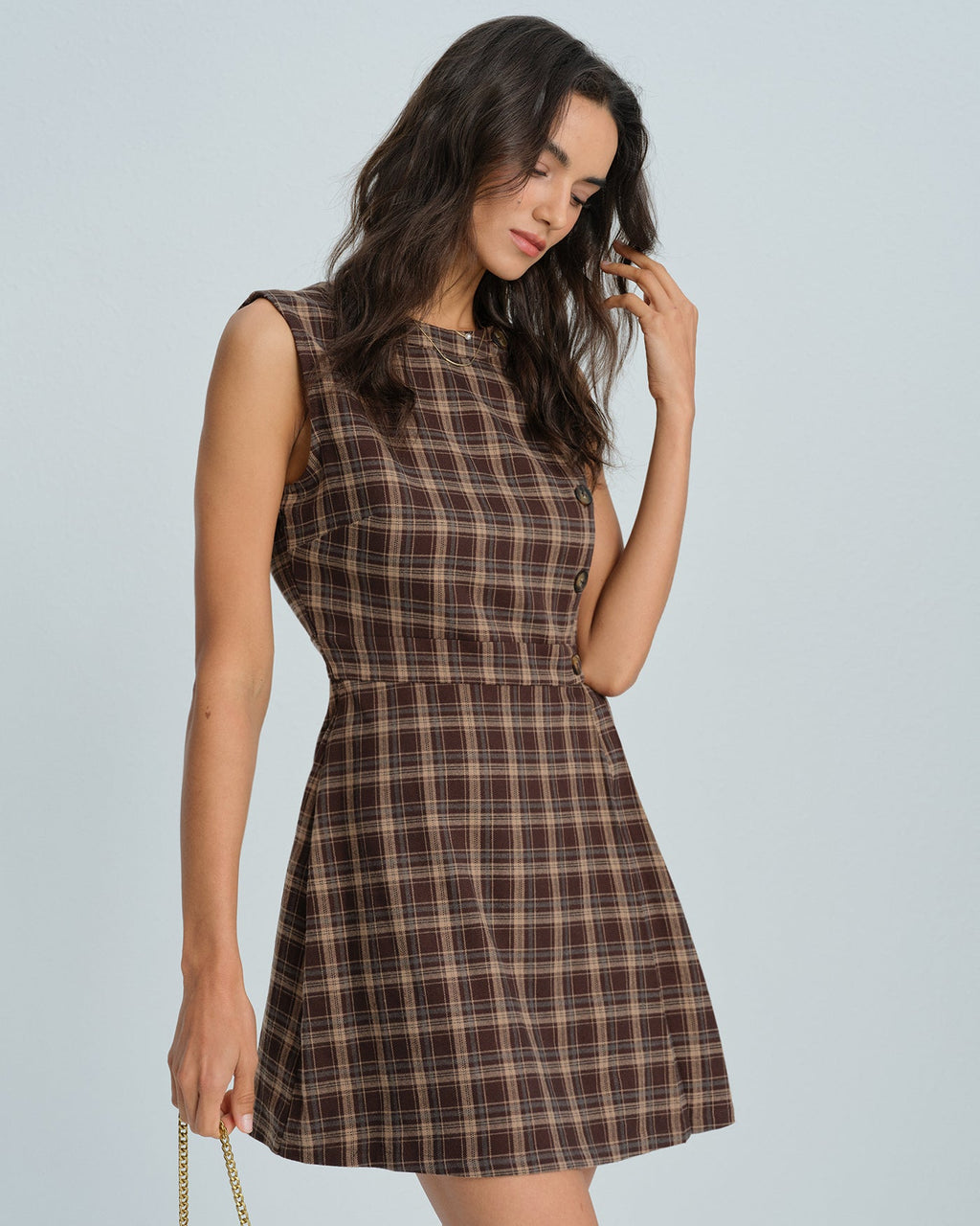 Brown Plaid Mini Dress with Sleeveless Design