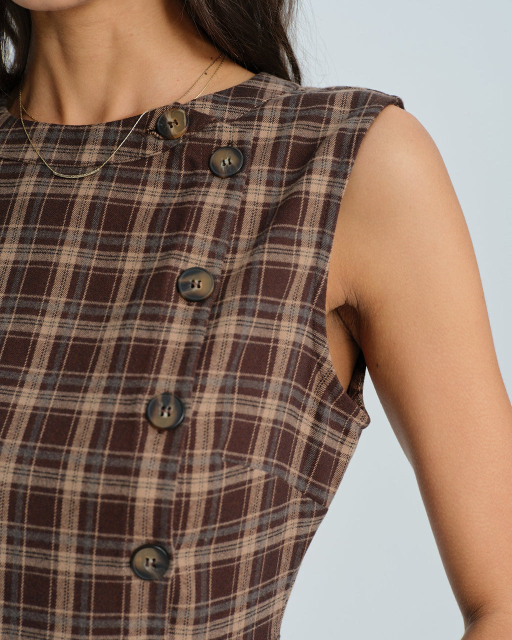 Brown Plaid Mini Dress with Sleeveless Design